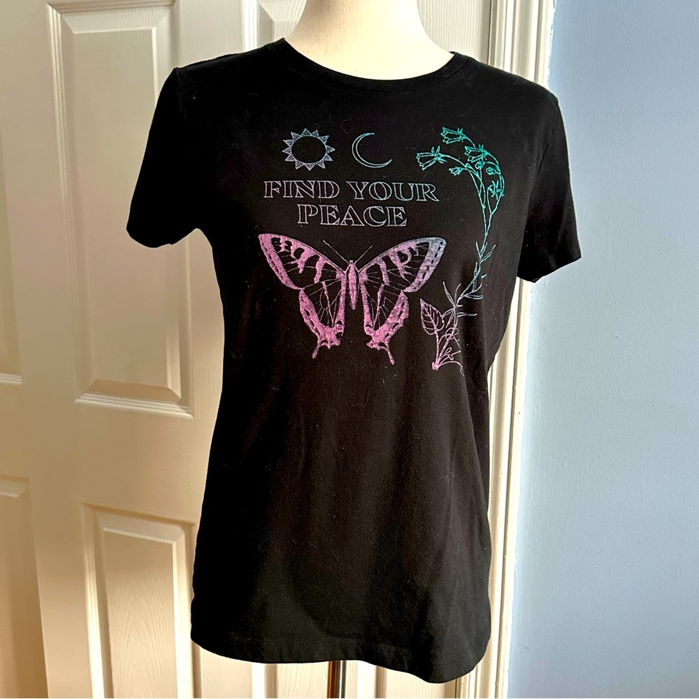 Aeropostale Womens Butterfly Graphic Crew Neck Tee Black Large (Fits XS/S)